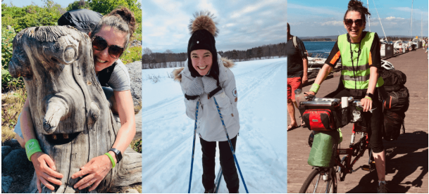 Bildecollage av Jeanette som viser henne på skitur, sykkeltur og skogstur.