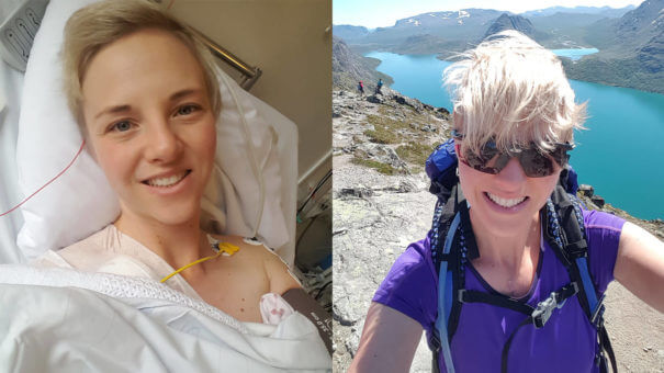 Bildecollage av Silje Therese. Et bilde viser henne sykehussenga og et bilde viser Silje på toppen av et fjell.
