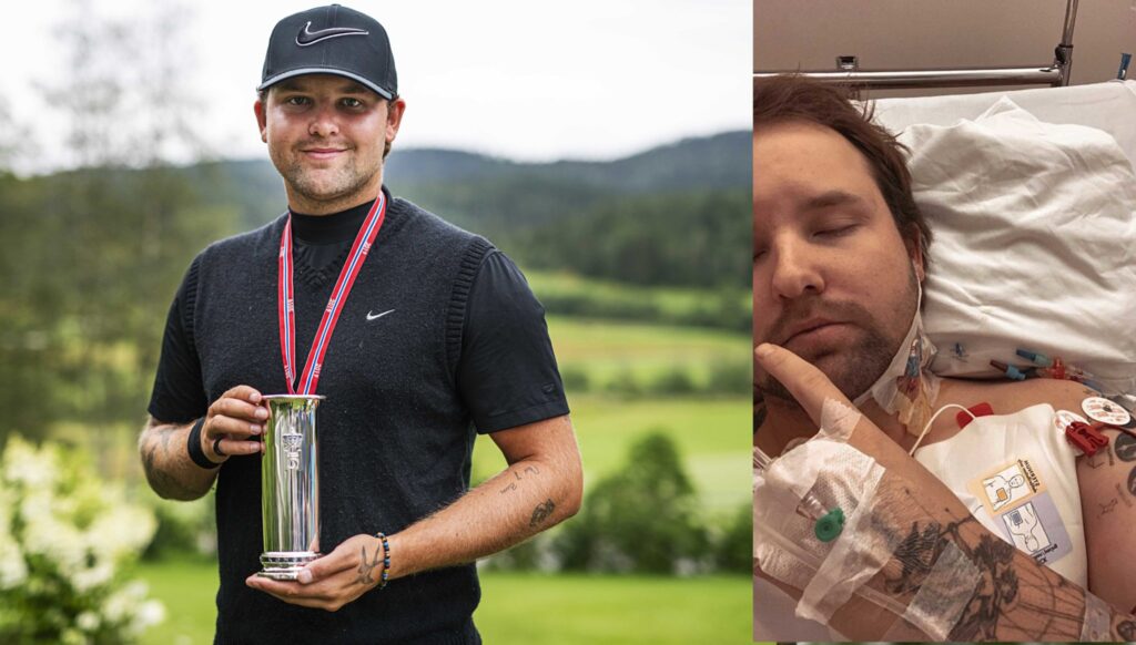 Bildecollage av Kevin André Wright. Bildet til venstre viser Kevin med en pokal. Bildet til høyre viser Kevin etter i sykehussenga etter hjerteoperasjon.